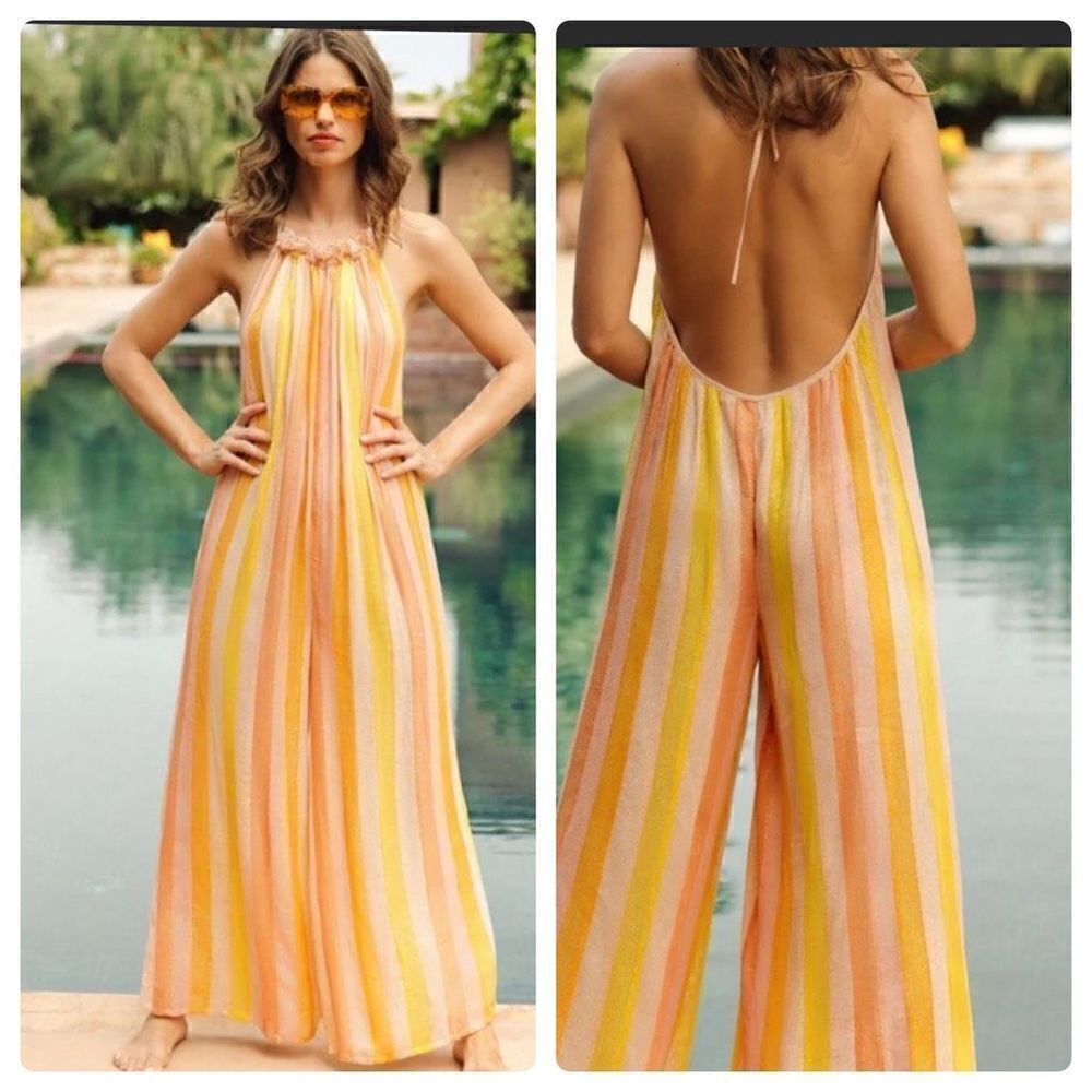 Anthropologie Sundress Citrus Striped Jumpsuit | Size M/L